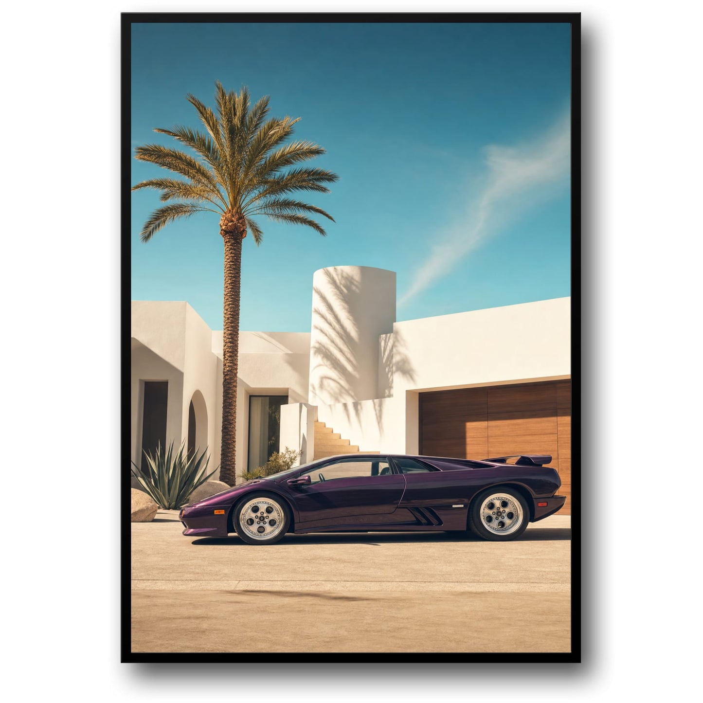 Luxury Sports Car & Palm Tree Art | Exotic Car Wall Decor | Elegant Architecture Scene Poster | Premium Print