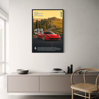 Ferrari 458 V8 | Sports Car Art | Red Ferrari in Scenic Italian Landscape | Automotive Poster | Perfect Gift for Car Enthusiasts | Wall Decor Print | Classic Car Art Poster