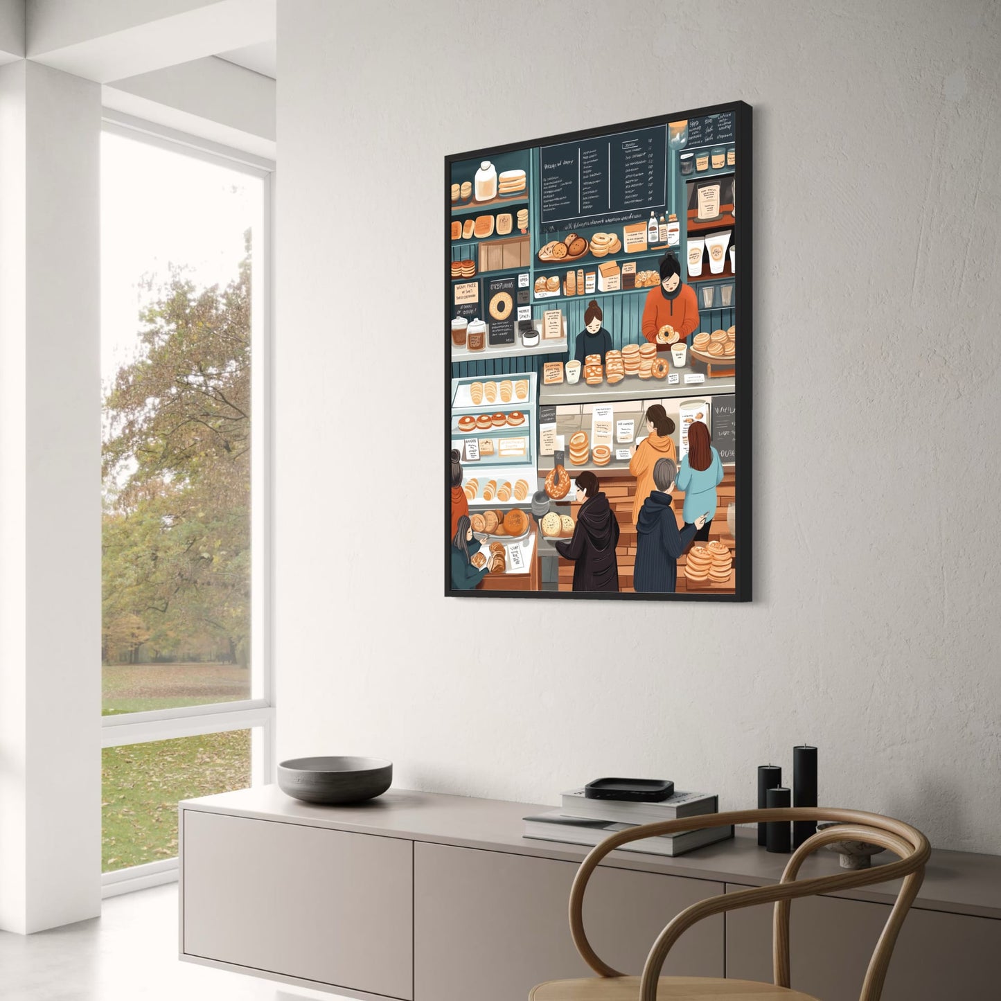 Charming Artisan Bakery Illustration | Hand-Drawn Assortment of Breads & Pastries | Cozy Warm-Toned Setting | Detailed Chalkboard Menu | Kitchen & Café Decor | Artistic Poster Print for Home Decor