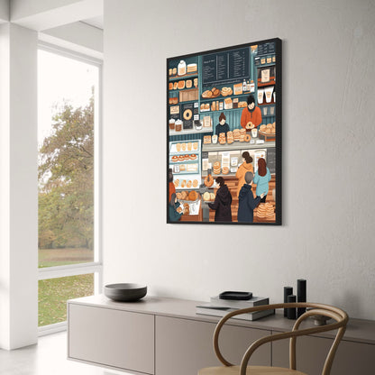 Charming Artisan Bakery Illustration | Hand-Drawn Assortment of Breads & Pastries | Cozy Warm-Toned Setting | Detailed Chalkboard Menu | Kitchen & Café Decor | Artistic Poster Print for Home Decor