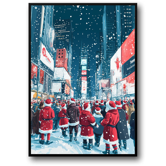 Festive Times Square Scene | Joyful Santa Crowd | Snowy Urban Night | Skyscrapers & Holiday Lights | Winter Wonderland Print for Christmas Decor | Community Spirit | Holiday Season Poster