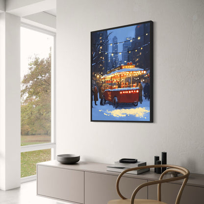 Charming Winter Cityscape | Vintage Hot Dog Stand | Festive Holiday Lights | Snowy Urban Atmosphere | Nostalgic Street Scene Poster | Winter Wonderland | Skyscrapers | Illuminated Trees | Cozy Market Print