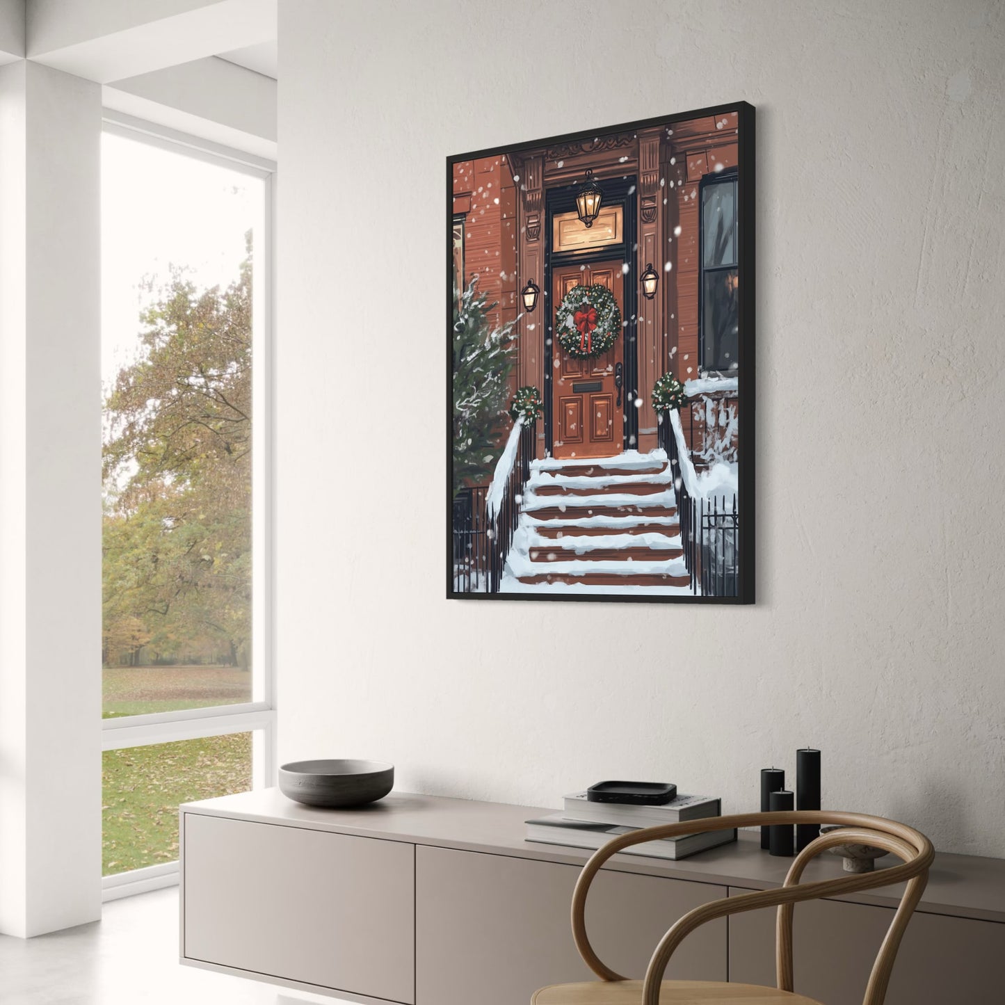 Charming Festive Snowy Brownstone Porch | Holiday Wreath & Lanterns | Cozy Winter Scene Wall Art | Decorative Seasonal Print Poster