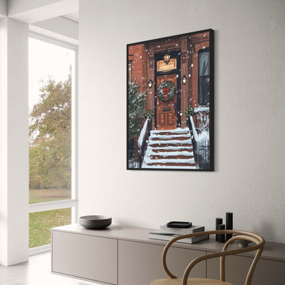Charming Festive Snowy Brownstone Porch | Holiday Wreath & Lanterns | Cozy Winter Scene Wall Art | Decorative Seasonal Print Poster