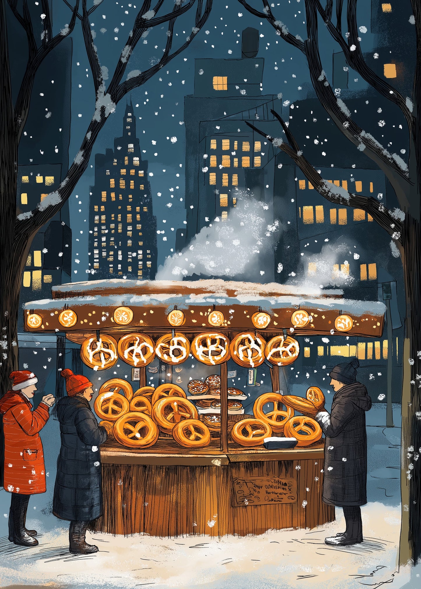 Winter Night Cityscape | Snowy Street Vendor Scene | Illuminated Pretzel Stand | Cozy Urban Setting | Festive Atmosphere Poster | Print