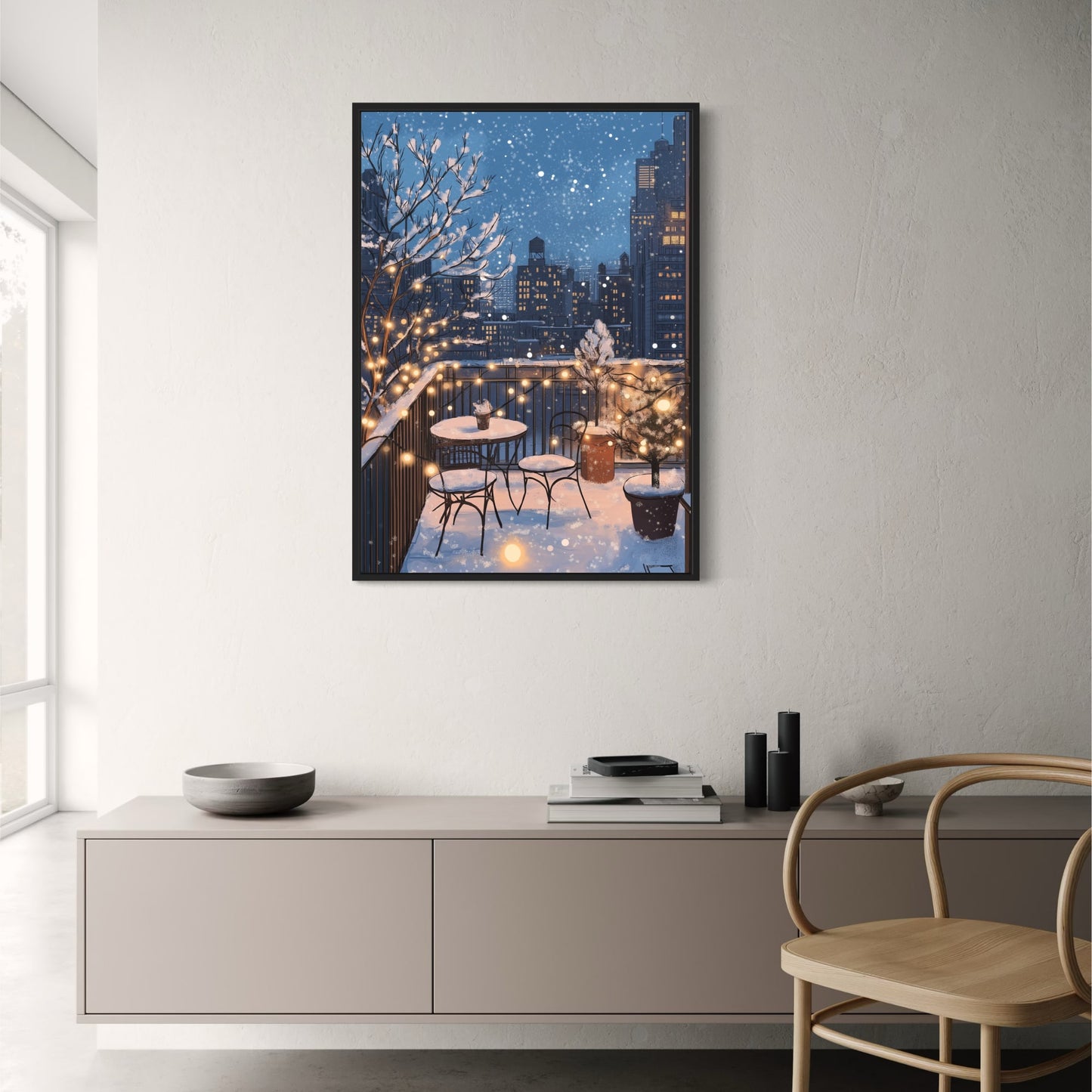 Charming Evening Winter Balcony Scene | Snowy Urban Decor Poster | Cozy Fairy Lights & Snowy Furniture | Cityscape Wall Art Print | Twinkling Snowflakes & Holiday Ambiance | Serene Winter Wonderland