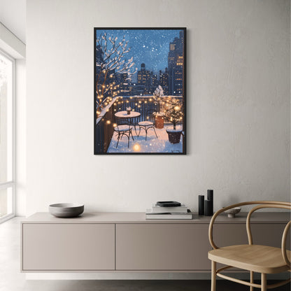 Charming Evening Winter Balcony Scene | Snowy Urban Decor Poster | Cozy Fairy Lights & Snowy Furniture | Cityscape Wall Art Print | Twinkling Snowflakes & Holiday Ambiance | Serene Winter Wonderland