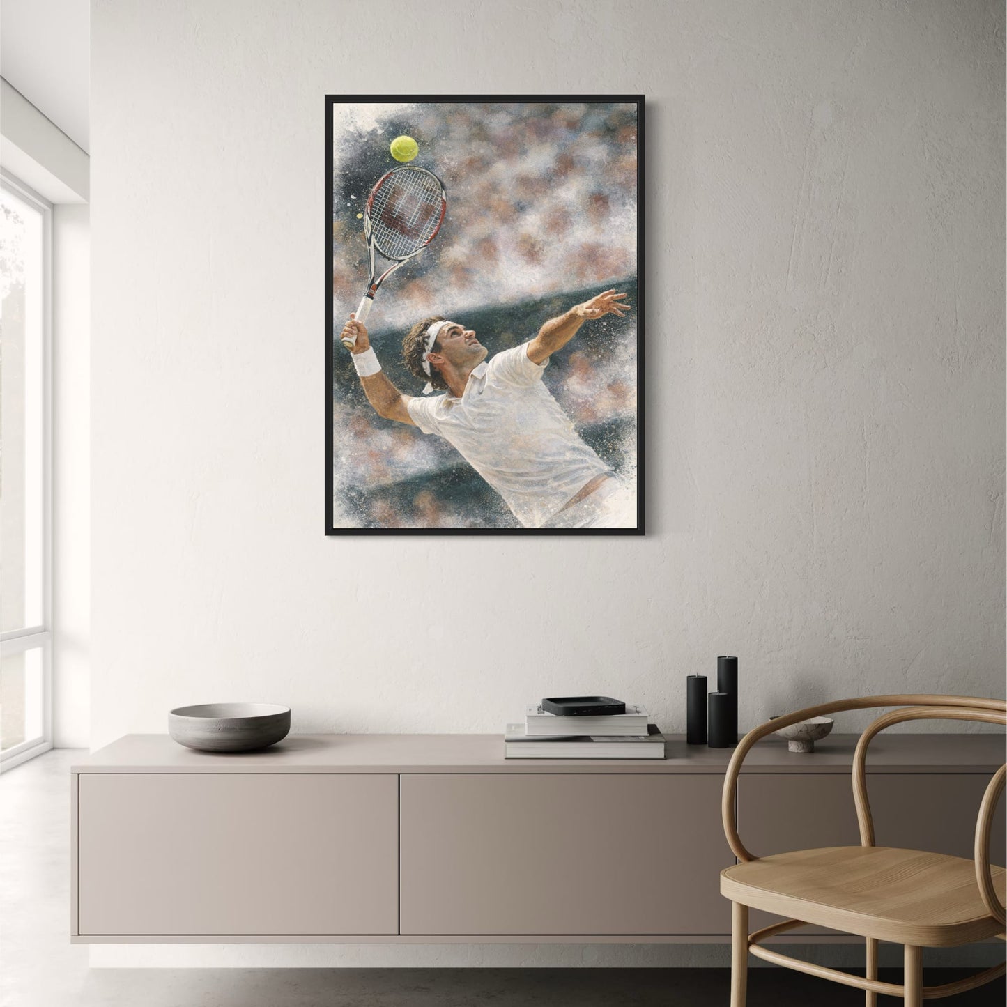 Roger Federer | Tennis Scene | Watercolor Style | Action-Packed Tennis Player Serve | Sport Room Art | Vibrant Action Poster Print