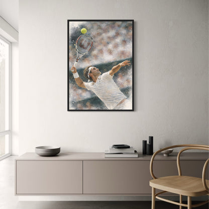 Roger Federer | Tennis Scene | Watercolor Style | Action-Packed Tennis Player Serve | Sport Room Art | Vibrant Action Poster Print