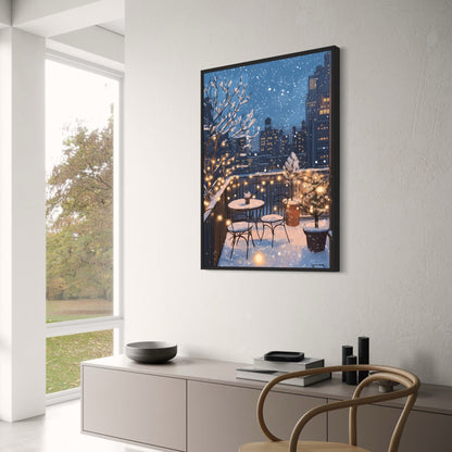 Charming Evening Winter Balcony Scene | Snowy Urban Decor Poster | Cozy Fairy Lights & Snowy Furniture | Cityscape Wall Art Print | Twinkling Snowflakes & Holiday Ambiance | Serene Winter Wonderland