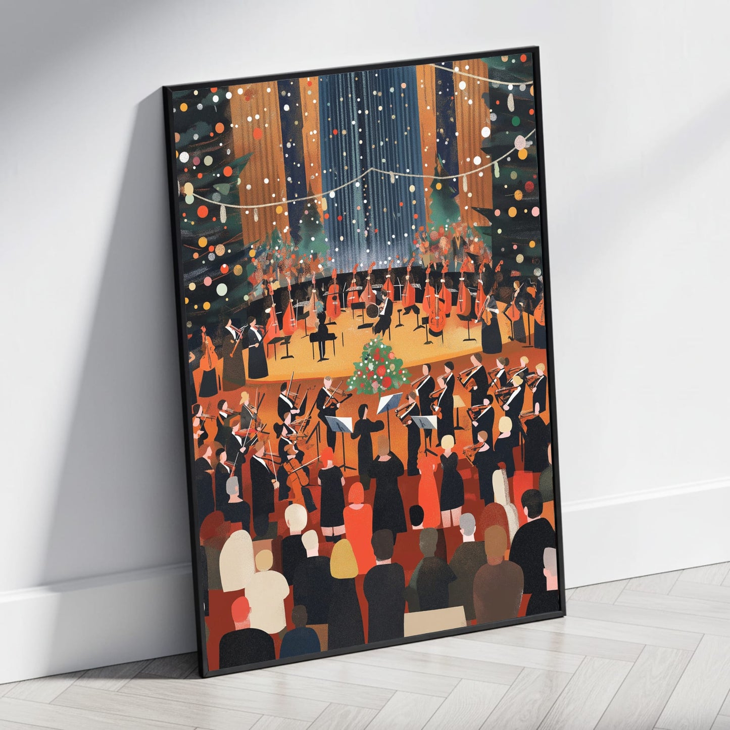 Festive Symphony Orchestra Art | Elegant Musicians with Violins & Cellos | Grand Christmas Decorations | Concert Hall Poster | Perfect for Holiday Music Lovers Decor | Stunning Illustration Print