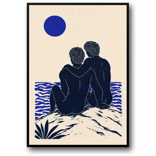 Romantische Illustratie | Koppel Omhelzing bij de Oceaan Kunst | Muurdecor | Moderne Liefde Poster | Minimalistische Print | Zee en Zon Ontwerp