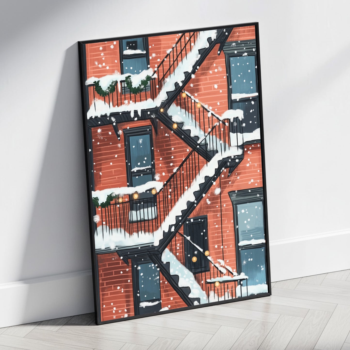 Charming Urban Fire Escape Snow Scene | Brick Building with Holiday Greenery & String Lights | Winter City Poster | Art Print | Wall Decor for City Lovers & Architecture Enthusiasts | Seasonal Artwork