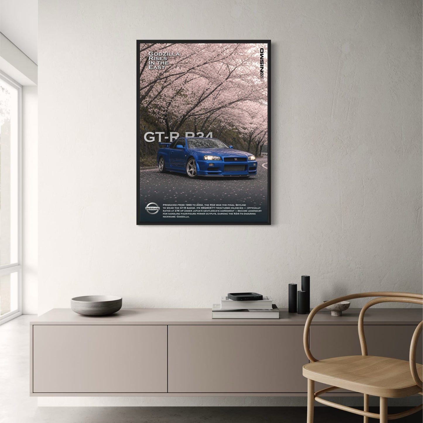 Nissan GT-R R34 Skyline | Cherry Blossom Road Scene | Iconic Japanese Sports Car Poster | High-Quality Auto Art Print