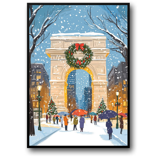 Enchanting Winter Wonderland | Iconic Snowy Archway Scene | Festive Wreath & Glowing Street Lamps | Serene Cityscape Print | Christmas Decor Poster | Perfect Gift for Holiday Cheer | Seasonal Wall Art