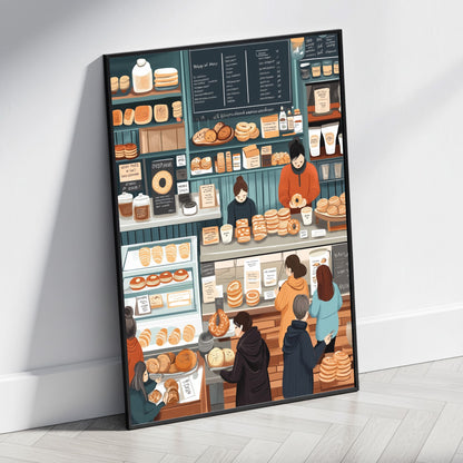 Charming Artisan Bakery Illustration | Hand-Drawn Assortment of Breads & Pastries | Cozy Warm-Toned Setting | Detailed Chalkboard Menu | Kitchen & Café Decor | Artistic Poster Print for Home Decor