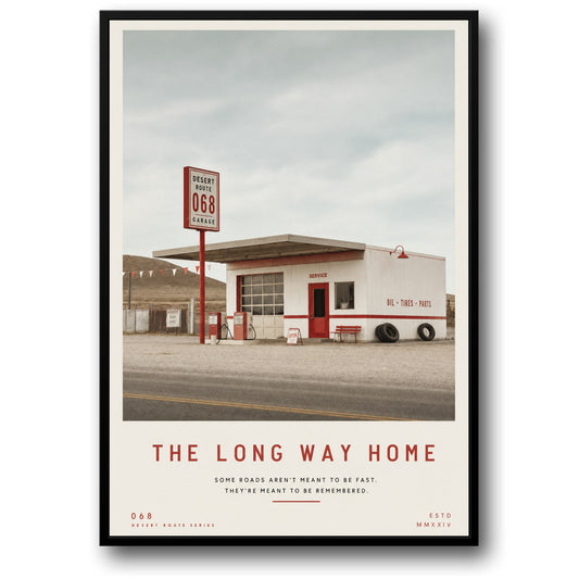 Retro Tankstation Kunst | Woestijn Route 068 | Vintage Reis Esthetiek | De Lange Weg Naar Huis | Muurdecor Print Poster