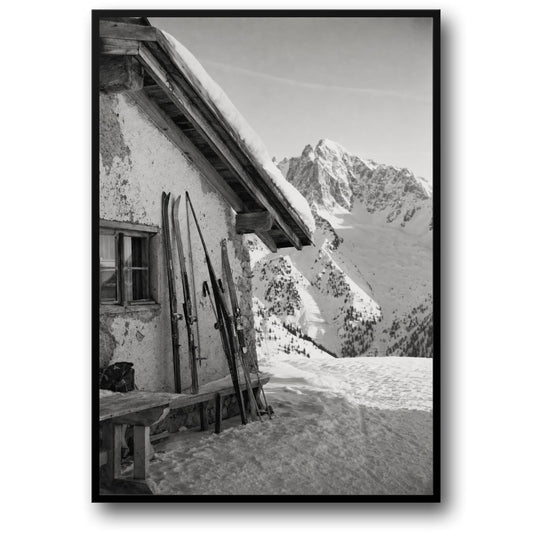 Berg Ski Lodge Winterlandschap | Vintage Zwart-wit Wandkunst Print | Sneeuwachtige Alpen Cabin Decor Poster