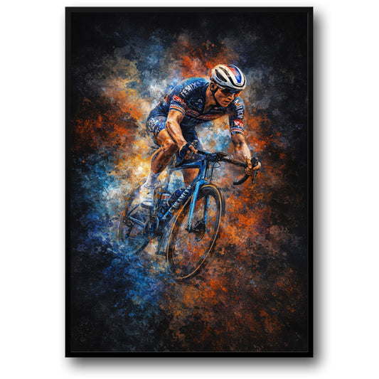 Fiets Racing Poster | Levendige Blauwe Oranje Penseelstreken | Sportliefhebbers Kunst Print | Woon Kantoor Gym Decor