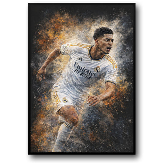Professionele Voetballer Actie Poster | Gedurfde Penseelstreek Achtergrond | Artistieke Wandkunst | Levendige Kleuren Print | Perfecte Woon Kantoor Decor | Sportliefhebbers Voetbal Spirit Vangst
