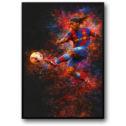 Ronaldinho | Voetbal Kunst Print | Levendige Abstracte Beweging | Speler in Gestreepte Jersey | Creatieve Wanddecoratie | Hoge Kwaliteit Poster voor Fans
