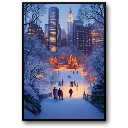 Enchanting Winter Wonderland Cityscape | Skyscrapers at Twilight | Snow-Covered Trees & Festive Ice Skating Scene | Holiday Poster & Print | Christmas Urban Winter Magic Decor