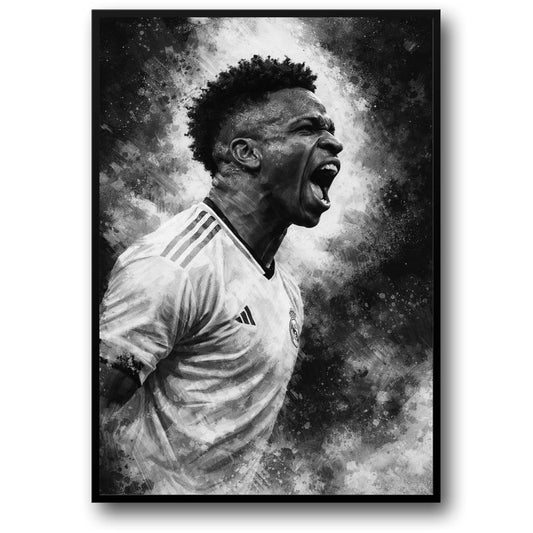 Voetbal Kunst | Energieke Voetballer | Opvallend Gestreept Shirt | Intense Uitdrukking | Abstracte Verf Spatten | Motiverende Muurposter | Perfecte Decor voor Sportliefhebbers & Gyms | Kunst Print