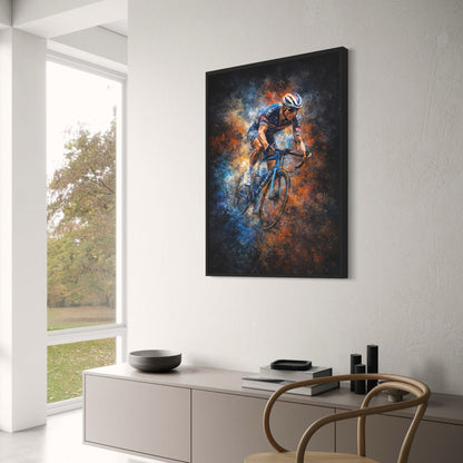 Bicycle Racing Poster | Vibrant Blue Orange Brush Strokes | Sports Enthusiasts Art Print | Home Office Gym Décor