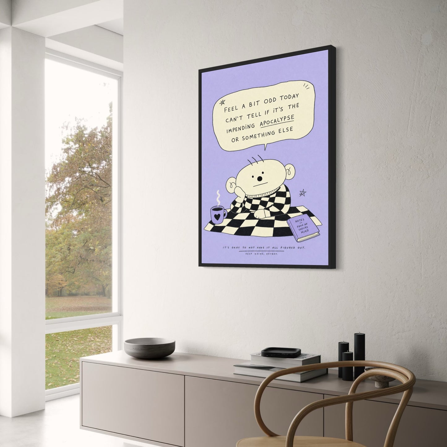 Quirky Cartoon Art Poster | Feel A Bit Odd Comedy Print | Motivational Humor Wall Decor | Unique Checkered Design Poster
