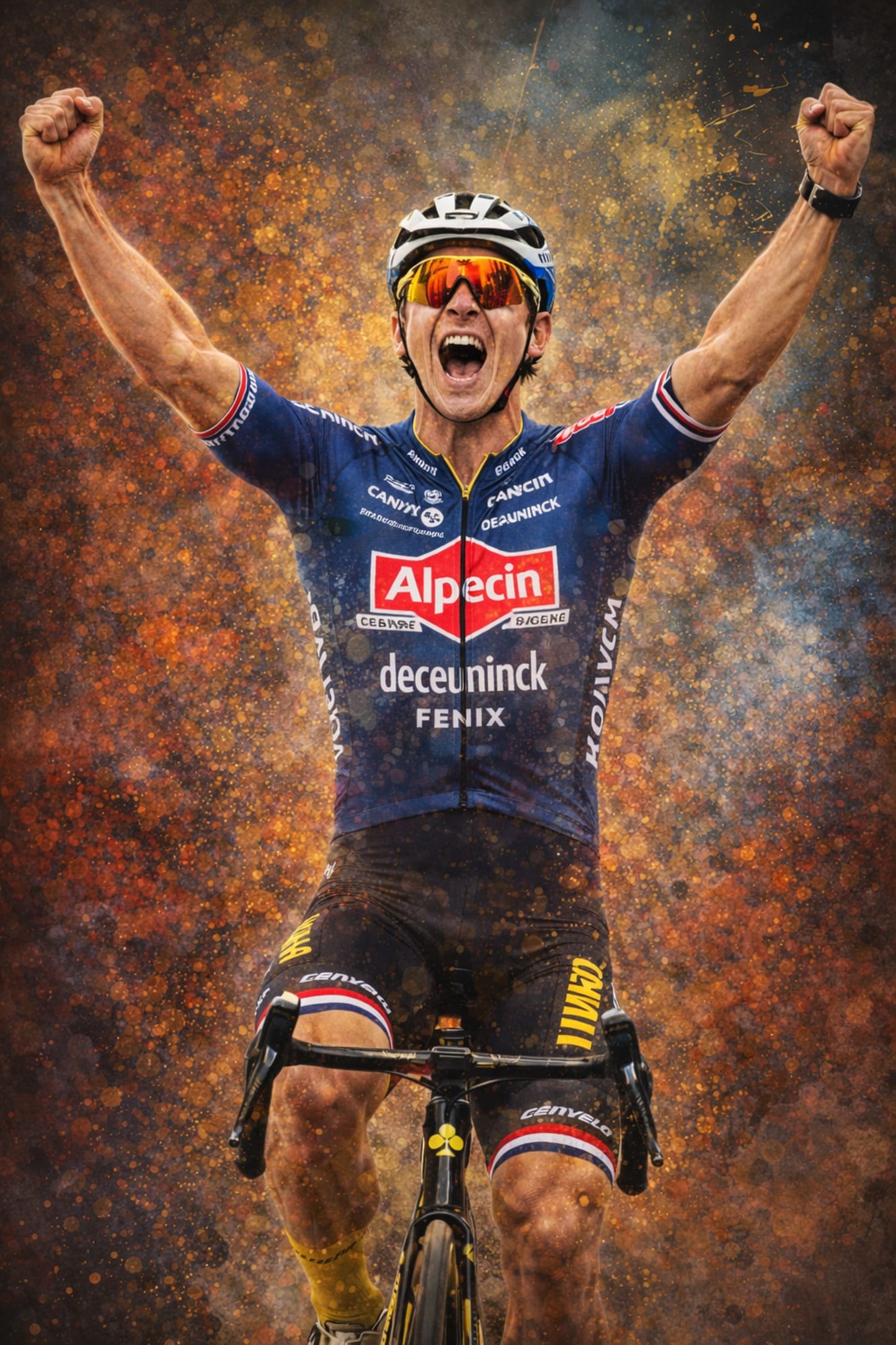 Cyclist Triumph | Professional Rider in Alpecin-Deceuninck Kit | Vivid Orange & Blue Explosive Background | Sports Decor Wall Art | Victory & Athletic Pride Poster Print