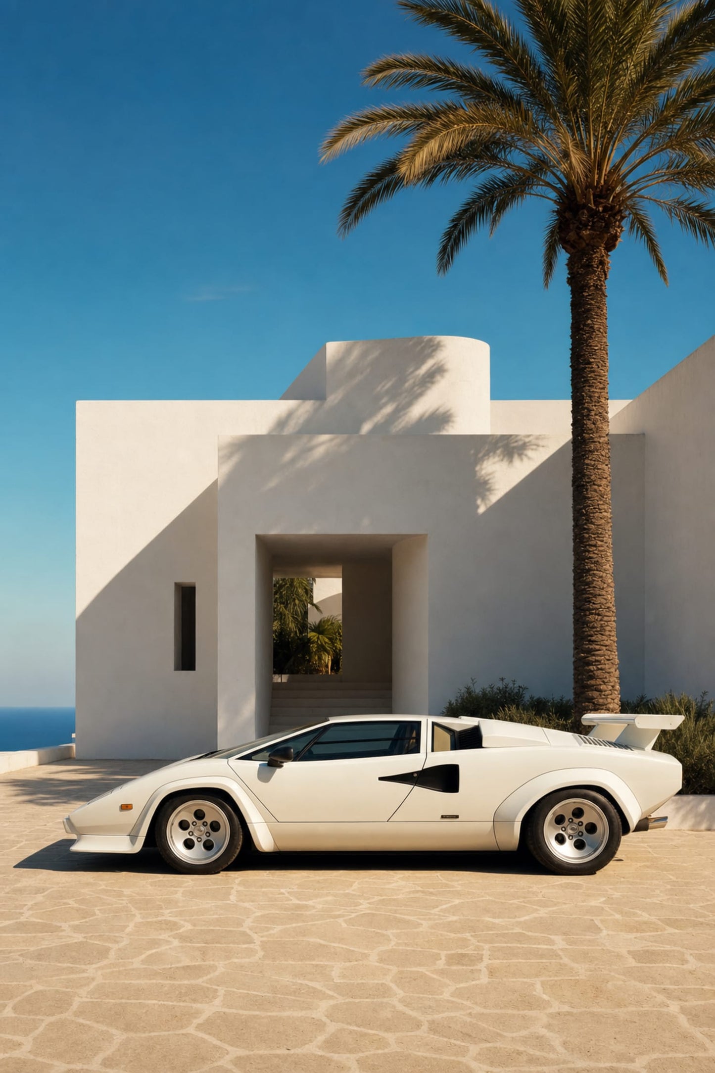 White Luxury Sports Car by Modern Villa | Classic Style Home Decor Print | Exclusive Wall Art Poster