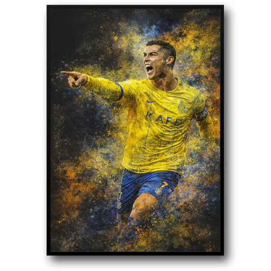 Cristiano Ronaldo | Voetbal Kunst | Levendige Poster met Atleet in Geel & Blauw | Unieke Verf Spetter | Inspirerende Woondecoratie | Actie Print voor Sportliefhebbers & Kunstliefhebbers | Motiverende Wandkunst