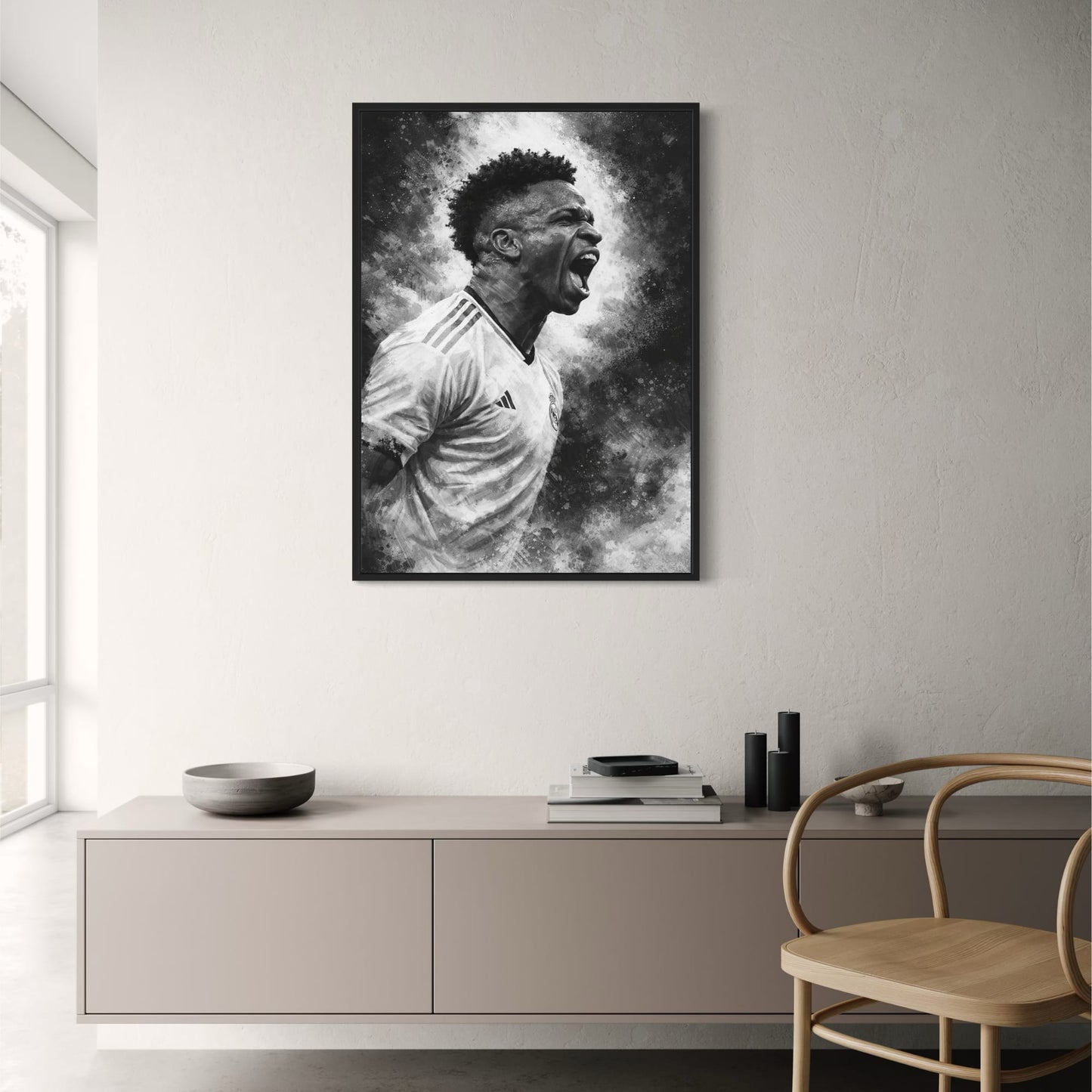 Football Art | Energetic Soccer Player | Striking Stripe Jersey | Intense Expression | Abstract Paint Splatter | Motivational Wall Poster | Perfect Decor for Sports Lovers & Gyms | Art Print