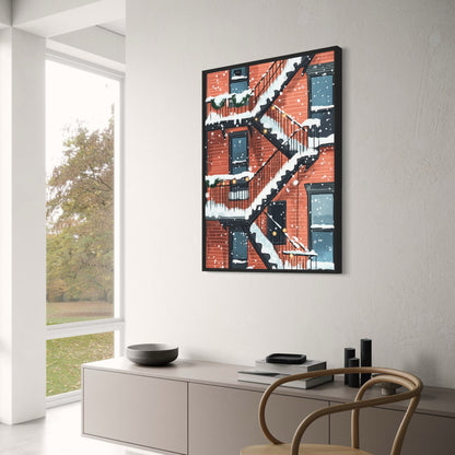 Charming Urban Fire Escape Snow Scene | Brick Building with Holiday Greenery & String Lights | Winter City Poster | Art Print | Wall Decor for City Lovers & Architecture Enthusiasts | Seasonal Artwork