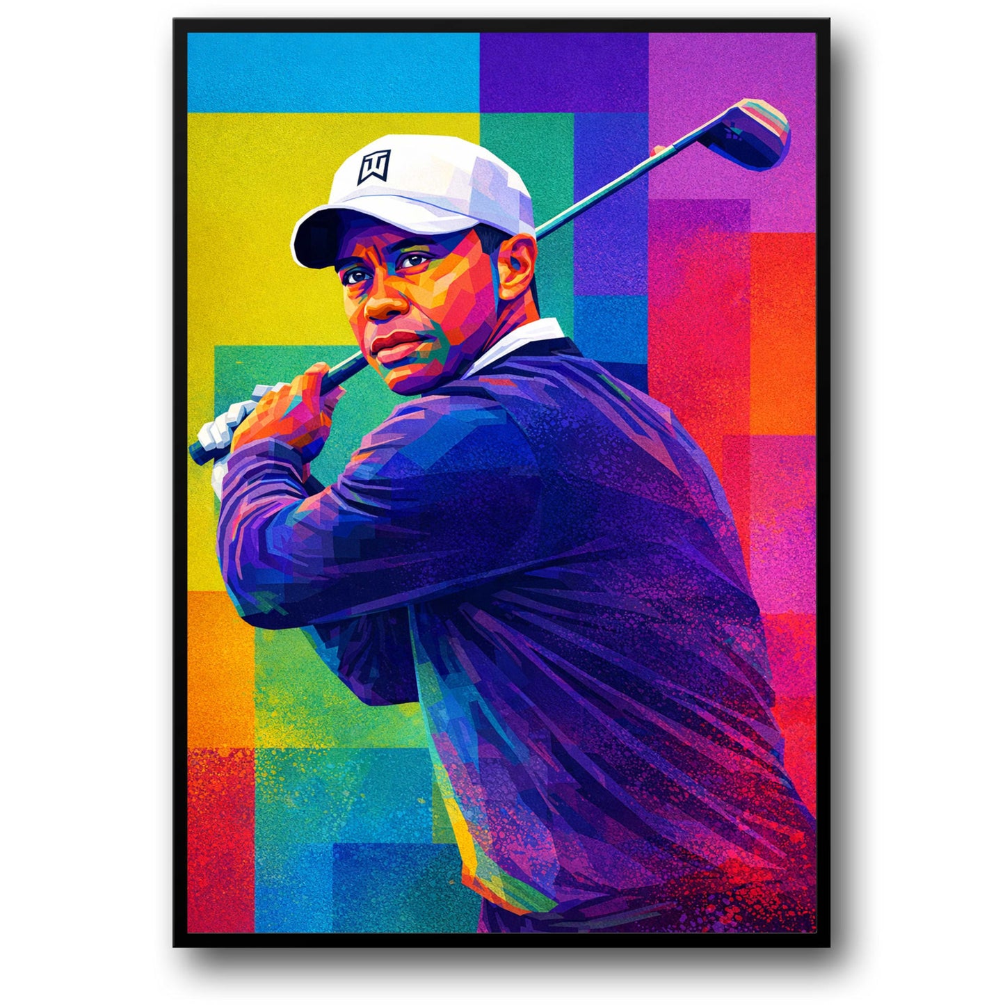 Tiger Woods | Vibrant Geometric Golf Art | Abstract Colorful Golfer Portrait Swing | Pop Art Cubism Wall Decor | Unique Print Poster