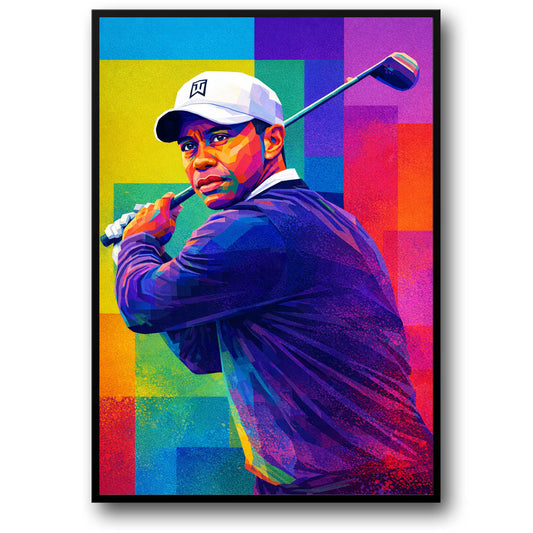 Tiger Woods | Levendige Geometrische Golf Kunst | Abstract Kleurrijk Golfer Portret Swing | Pop Art Cubisme Wanddecoratie | Unieke Afdruk Poster