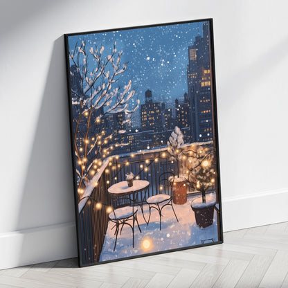 Charming Evening Winter Balcony Scene | Snowy Urban Decor Poster | Cozy Fairy Lights & Snowy Furniture | Cityscape Wall Art Print | Twinkling Snowflakes & Holiday Ambiance | Serene Winter Wonderland