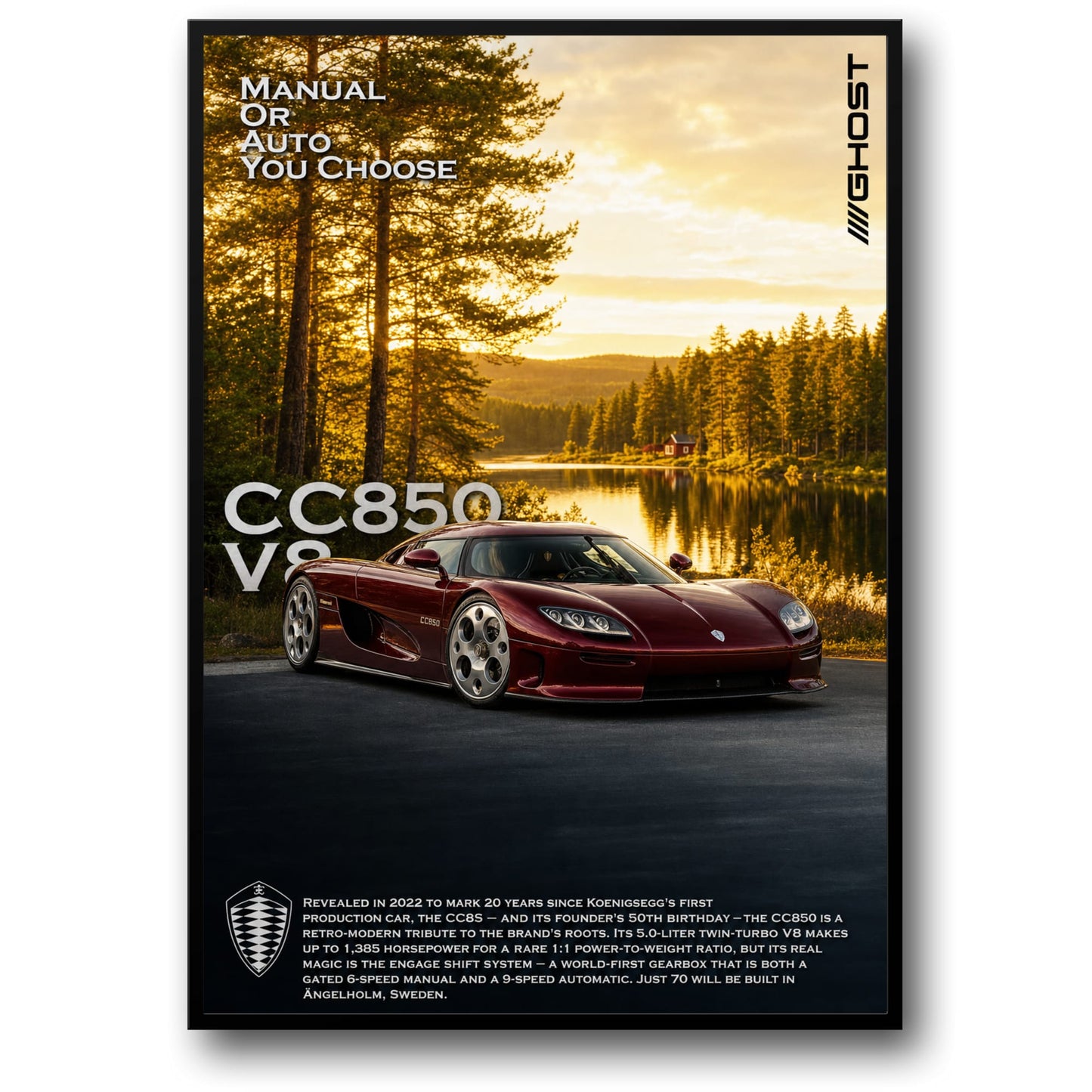 Koenigsegg CC850 V8 | Retro-Modern Eerbetoon | Luxe Sportwagen Erfenis | Hoogwaardige Prestaties Motor Kunstprint Poster