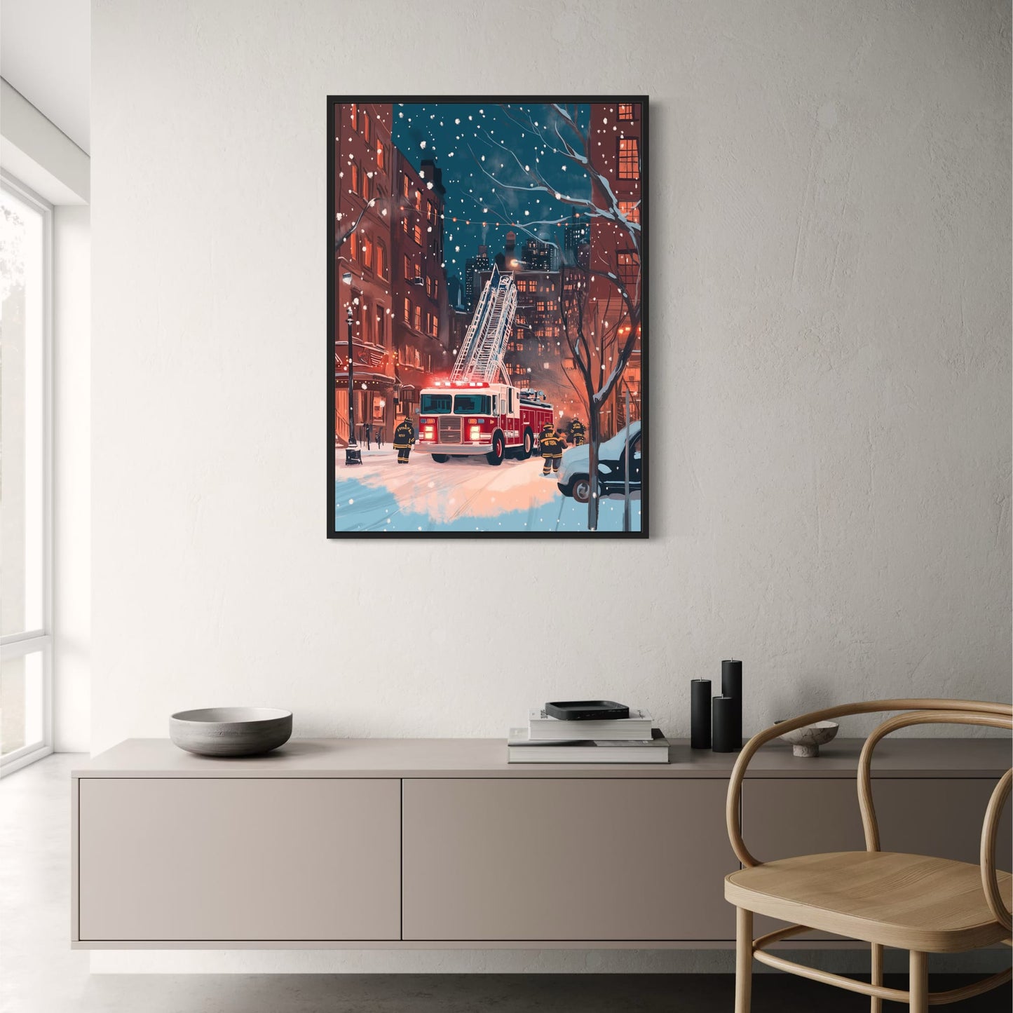 Vibrant City Nightscape | Heroic Firefighters in Action | Ladder Truck in Snow-Covered Urban Scene | Street Art Print | Urban Poster