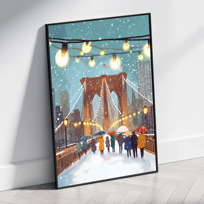 Brooklyn Bridge Winter Wonderland | Vibrant New York City Art | Urban Landscape with Festive Lights & Snowflakes | Holiday Season Poster | Perfect Urban Scenery Decor | NYC Themed Print