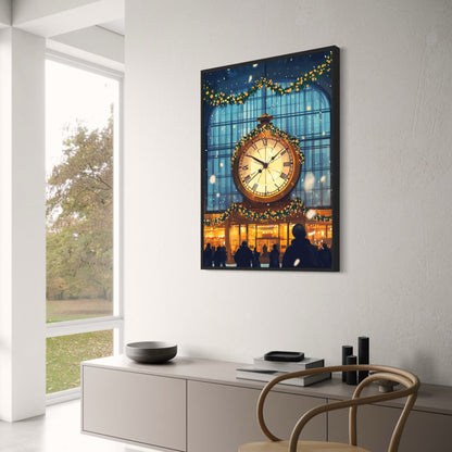 Grand Entrance Poster | Festive Snowfall Scene | Illuminated Clock | Blue Window Backdrop | Greenery & Yellow Ornaments | Seasonal Ambiance | Wall Art Print for Home Decor or Holiday Gifts