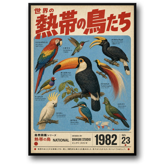 Exotische Vogels van de Tropen Kunstafdruk | 1982 Japanse Vintage Stijl Poster | Kleurrijke Papegaai Toekan Neushoornvogel Kolibrie Illustratie | Natuur Muurdecoratie