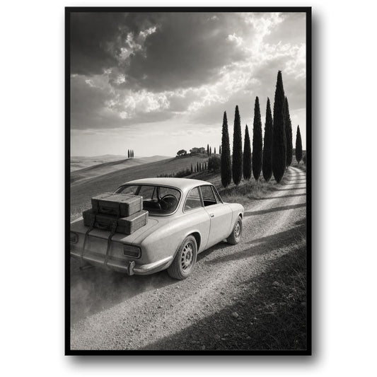 Vintage Italiaanse Plattelands Scene | Klassieke Auto Landschap | Zwart-wit Kunst Print | Retro Reisdecoratie Poster