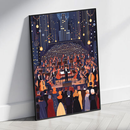 Majestic Nighttime Symphony Orchestra | Conductor | Musicians in Grand Hall | Formal Audience | Atmospheric Fireworks | Classical Music | Art Illustration Poster | Perfect for Living Room Decor | High-Quality Print