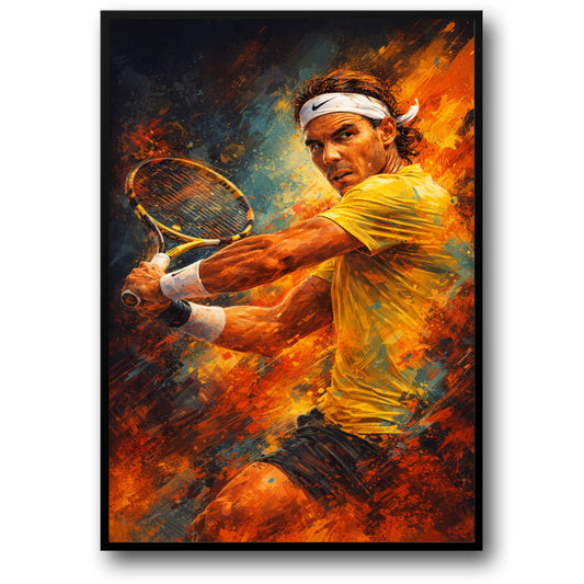 Rafael Nadal | Energieke Tennis Speler Kunst | Sportafdruk | Levendige Penseelstreek Stijl Poster | Motiverende Wanddecoratie | Levendige Gele en Oranje Kleuren Kunstwerk | Perfect Cadeau voor Tennisliefhebbers