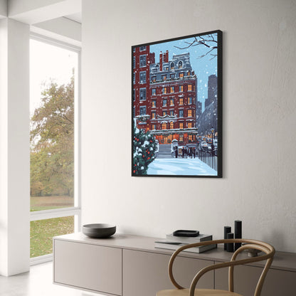 Charming Winter Cityscape | Snow-Covered Urban Setting | Red Brick Buildings | Elegant Lanterns | Poster Print | Festive Evergreens | Cozy Atmosphere | Historical Neighborhood | Serene Evening Scene