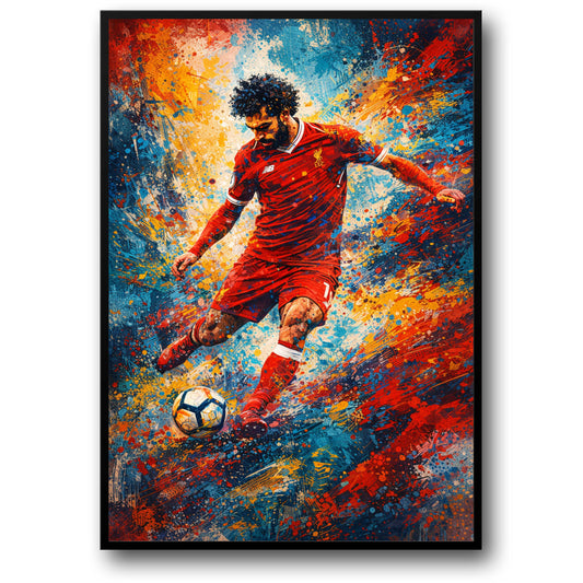 Mohamed Salah | Voetbal Actie | Levendige Spatten Kunst | Abstracte Voetbal Print | Expressieve Penseelstreken | Rode Sport Uniform | Decor voor Sportliefhebbers | Hoge Kwaliteit Poster voor Thuis of Kantoor