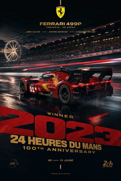 Ferrari 499P 24 Hours of Le Mans 2023 Winner | Motorsport Racing Art | 100th Anniversary Print | Collectible Poster