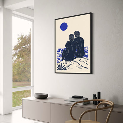 Romantic Illustration | Couple Embrace by Ocean Art | Wall Decor | Modern Love Poster | Minimalist Print | Sea and Sun Design