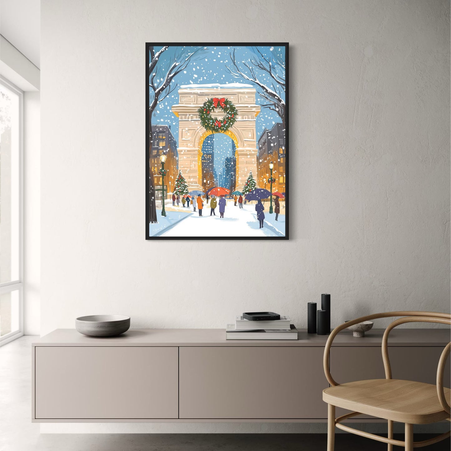 Enchanting Winter Wonderland | Iconic Snowy Archway Scene | Festive Wreath & Glowing Street Lamps | Serene Cityscape Print | Christmas Decor Poster | Perfect Gift for Holiday Cheer | Seasonal Wall Art